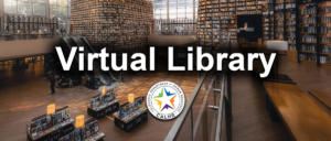 A large library with many books. Overlay text reads: Virtual Library.